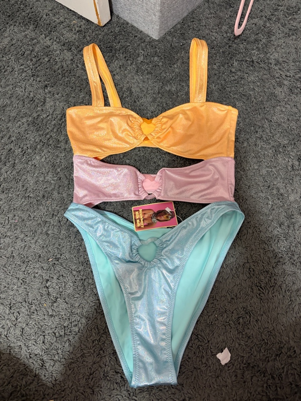 Shimmery Pastel Cutout Bikini Set - orange, Pink, Blue